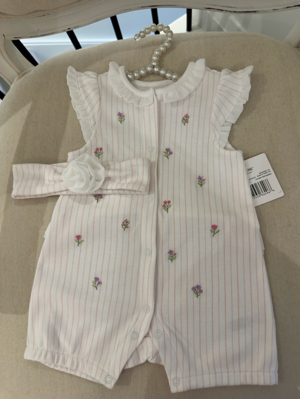 🦢 12 Mth 100% Cotton Pink Pinstripe Embroidered Floral Baby Romper with Headband